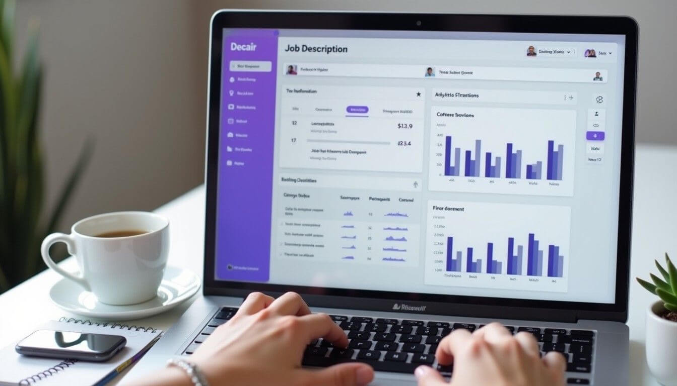 HR professional analysing job description performance metrics on laptop.