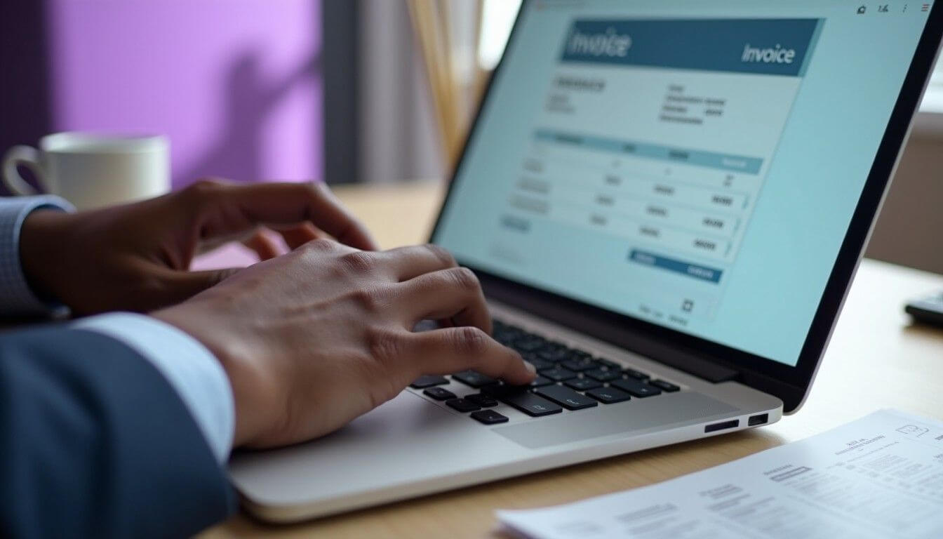 Creating invoice components on a laptop.