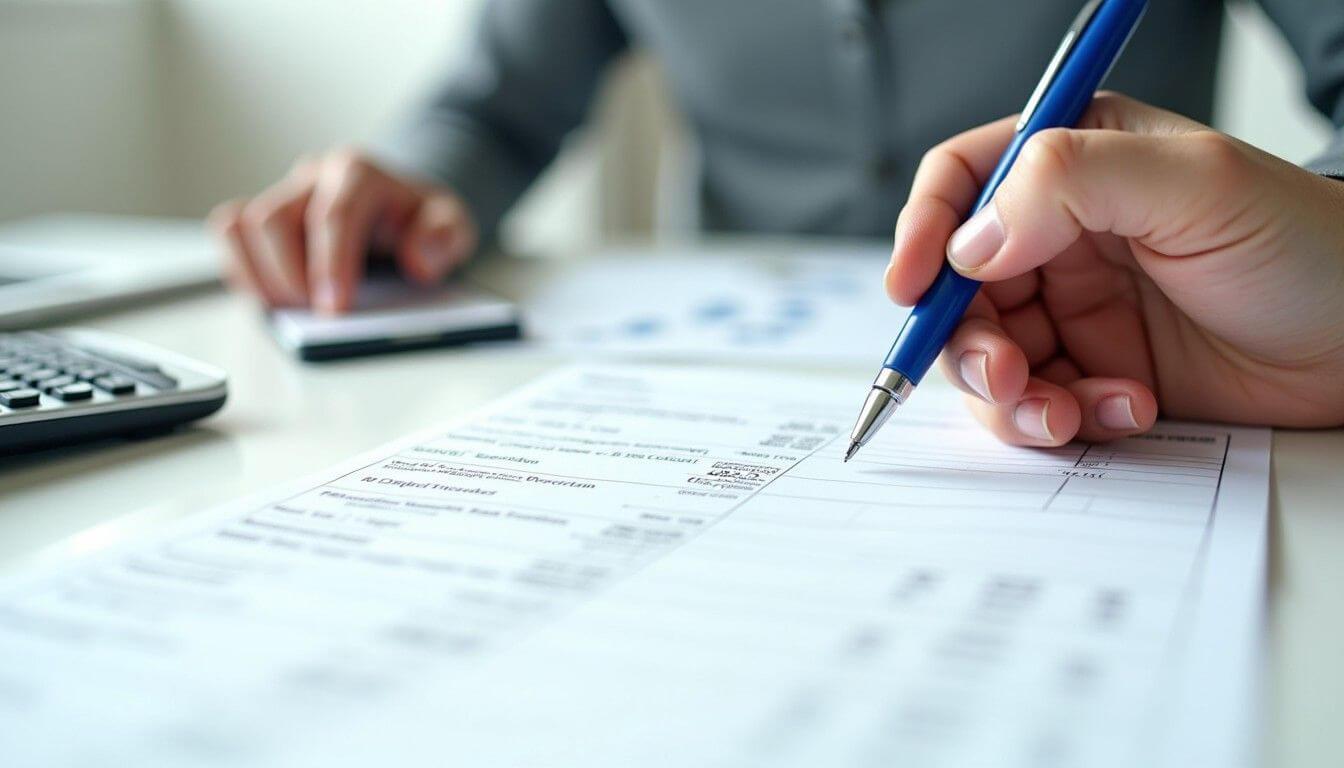 Hands completing bill of sale documentation with business tools nearby.
