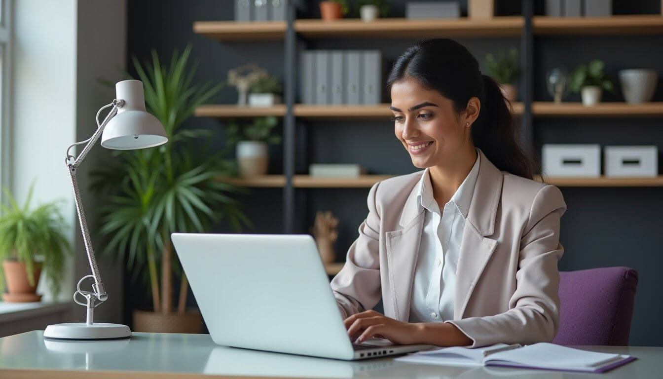 Business owner creating digital bill of sale on laptop in modern office.