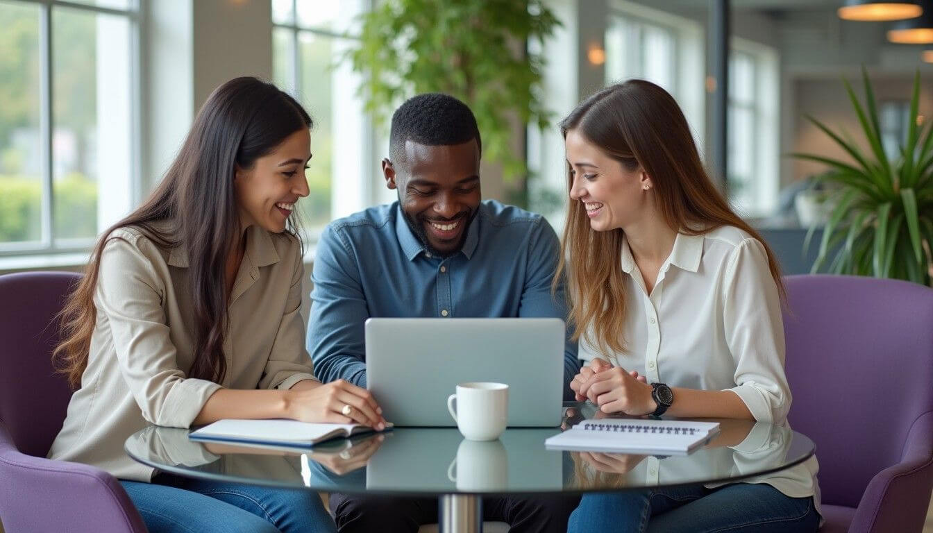 Potential business partners collaborating in a modern co-working space during initial meeting. 