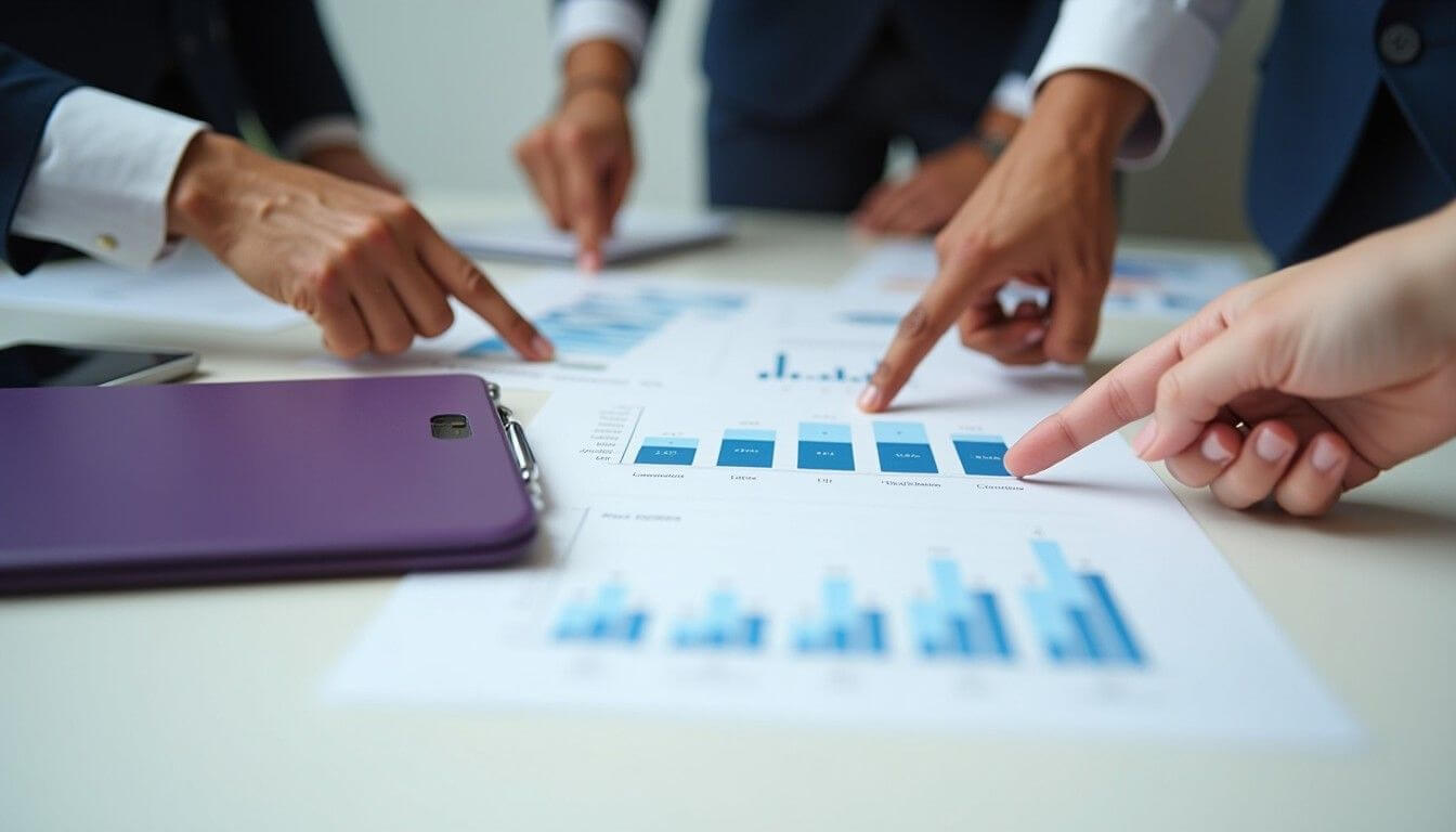 Business partners reviewing financial documents during partnership due diligence process. 