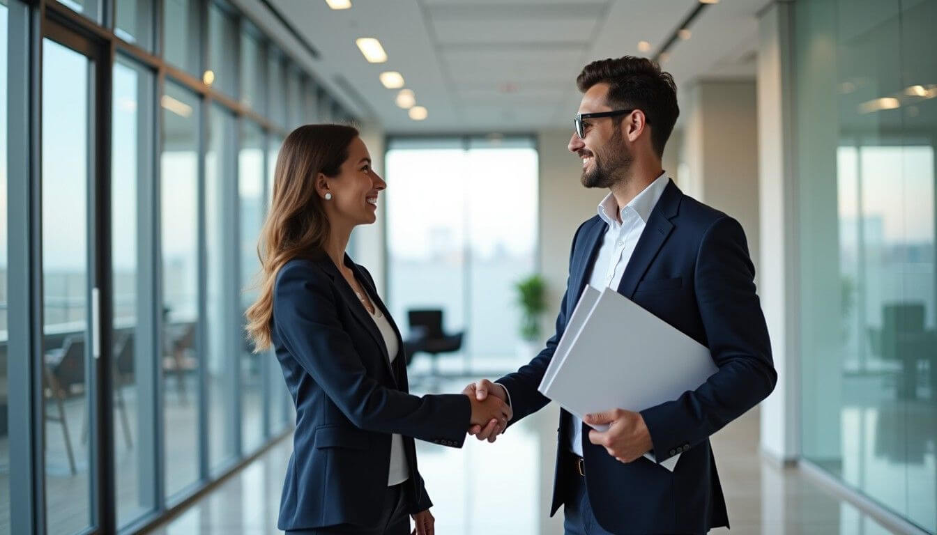 Business partners shaking hands during professional transition.