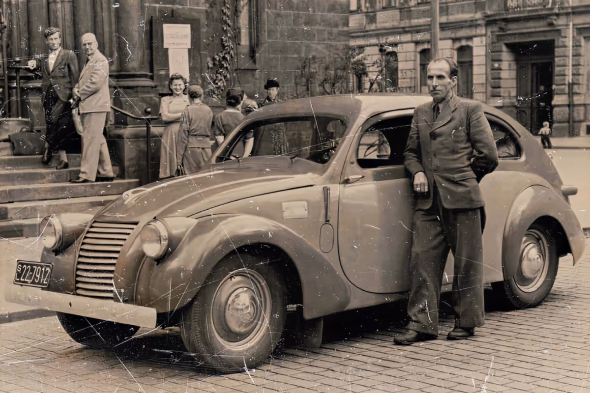 Schwarz-Weiß-Foto eines Mannes, der neben einem alten Taxi aus dem Jahr 1946 in Dresden steht.
