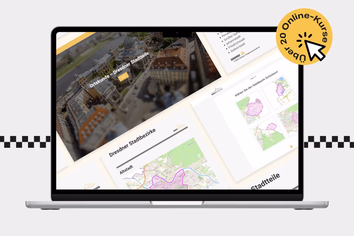 Mehrere überlappende Bildschirme eines Laptops mit der Webseite der Taxi-Academy, auf der die Dresdner Stadtteile und Bezirke zu sehen sind.