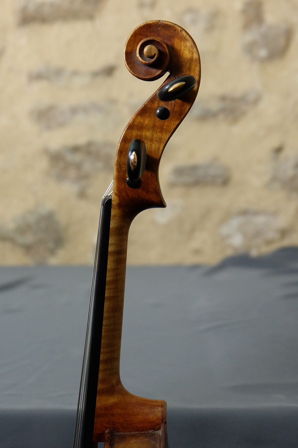 Deux têtes de violons Gagliano, original et copie, de côte sur mur en pierre