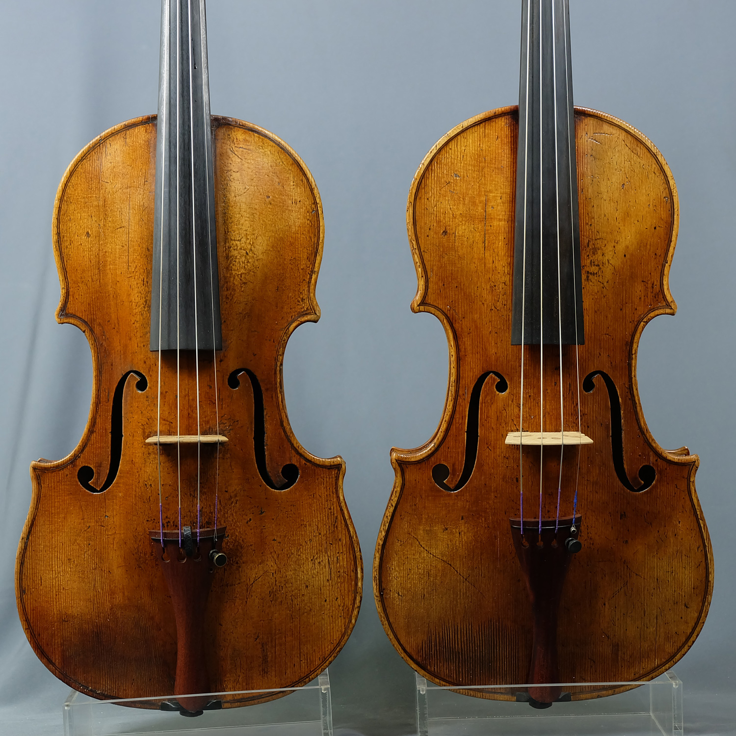 Deux violons Stradivari Kruse, original et copie, de face en détails sur fond gris