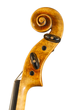 Gros plan d'une volute de violon Gagliano de face du Luthier Bogidar Vermand