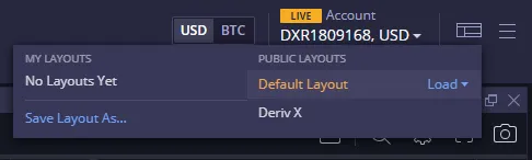 Chart layout options on Deriv X with the default layout load option highlighted