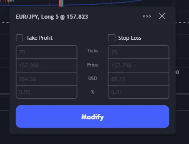 Open trade settings for EUR/JPY showing options to set Take Profit and Stop Loss levels, with a blue “Modify” button at the bottom.