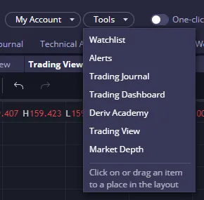 Dropdown menu under the Tools tab on Deriv X, displaying options like Trading View, Watchlist, Deriv Academy, and Market Depth.