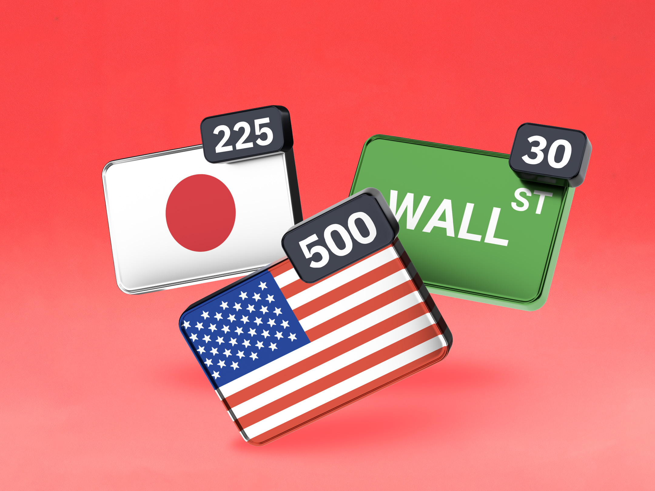 Flags and index numbers representing major global stock indices, symbolising a beginner’s guide to trading stock indices.