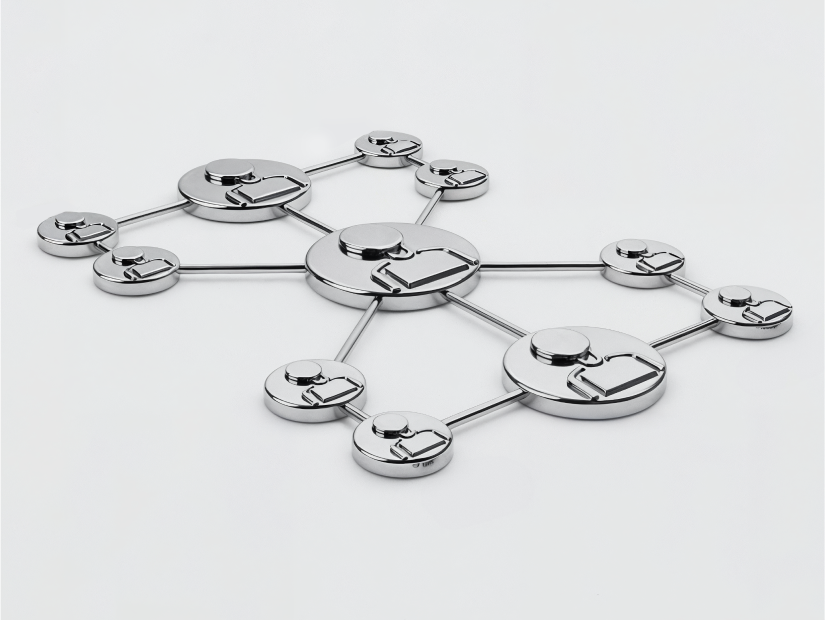 Abstract 3D network of connected user icons, symbolising the process of selecting a strategy provider in copy trading platforms.