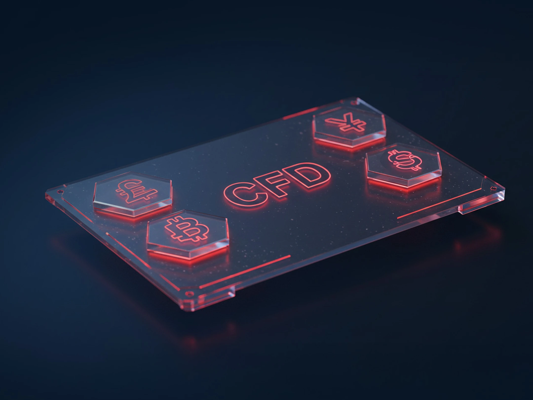 A glowing glass panel labeled “CFD” with currency and crypto icons, symbolising Contracts for Difference in financial trading.