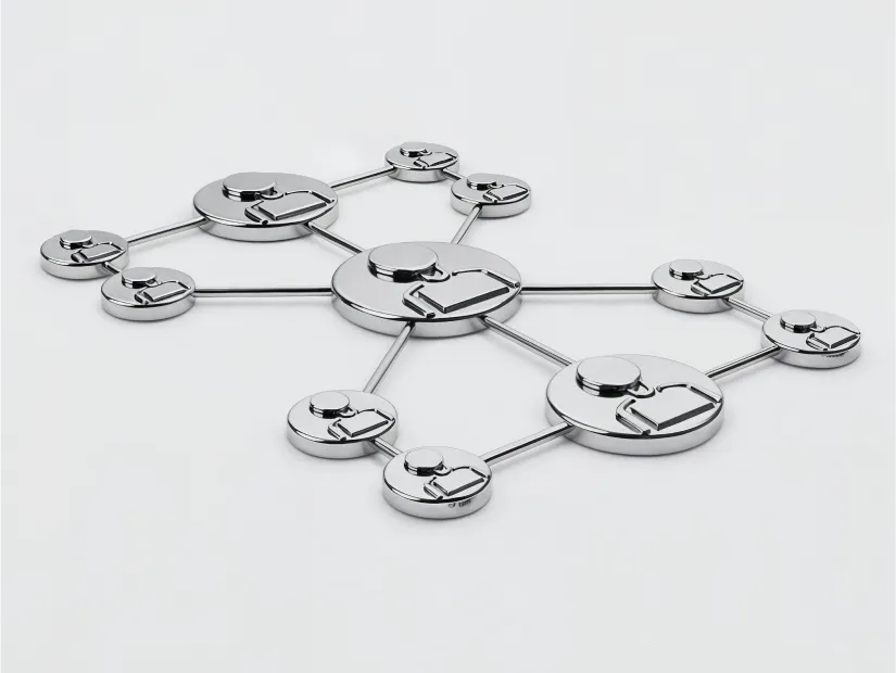 Réseau abstrait en 3D d’icônes utilisateur connectées, symbolisant le processus de sélection d’un fournisseur de stratégie sur les plateformes de copy trading.