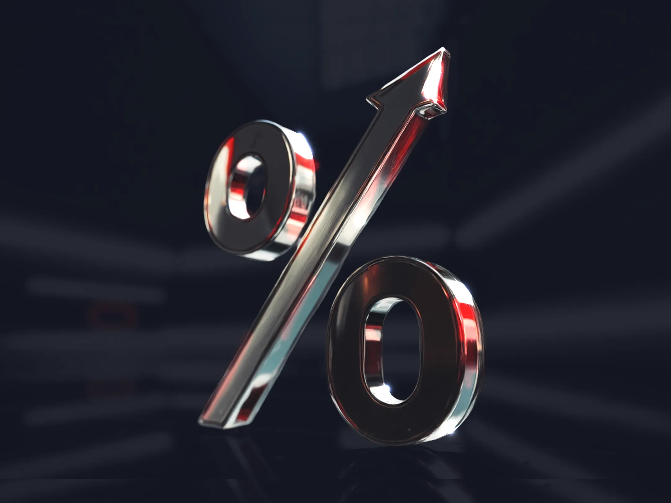 3D percentage symbol with an upward arrow, representing the impact of interest rate changes on financial markets.