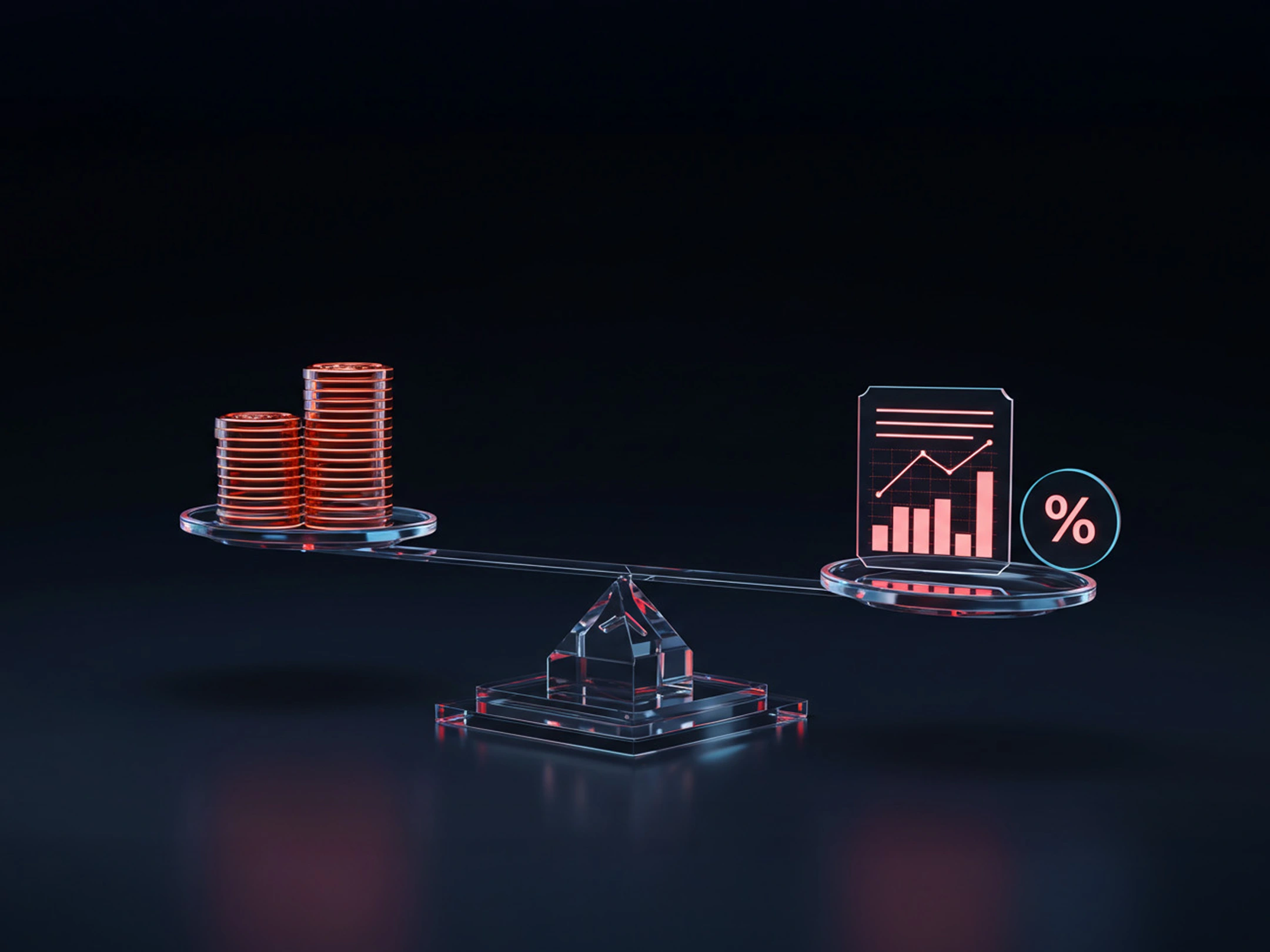 Balance scale with coins on one side and trading charts with a percentage symbol on the other, representing position sizing.