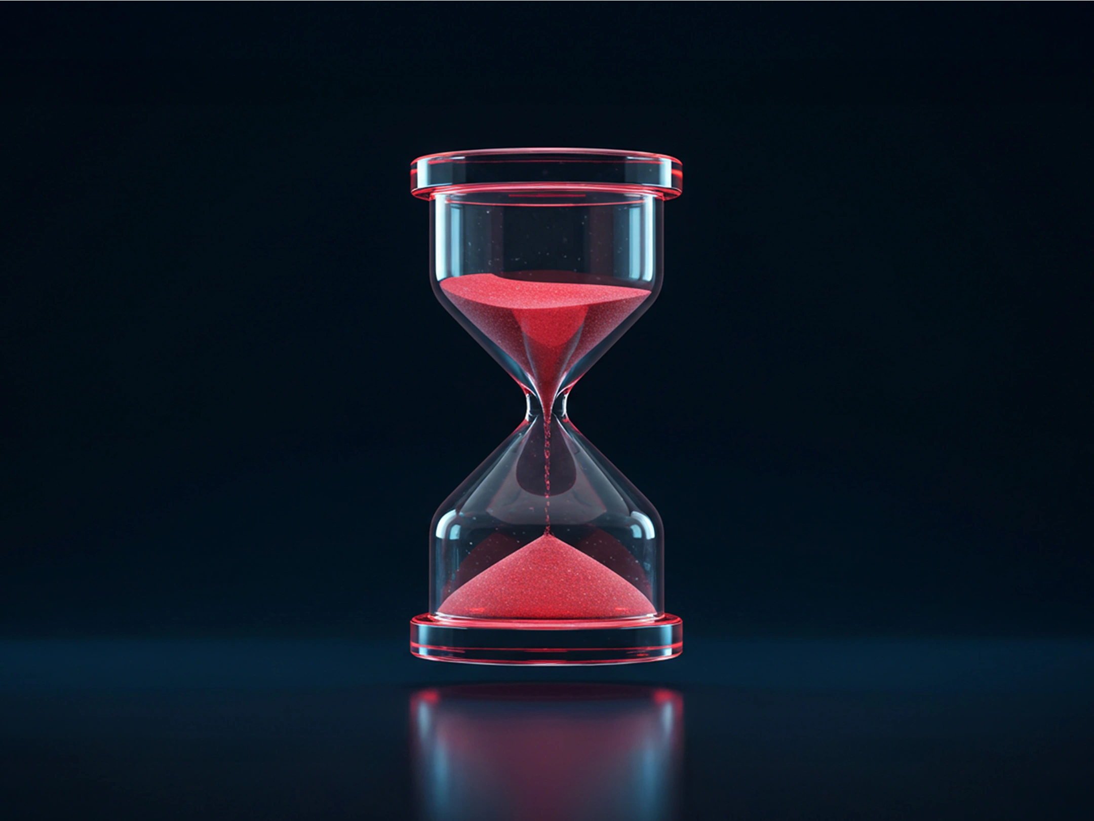 Glowing hourglass with red sand flowing through, symbolising the concept of rollover and time in forex trading.