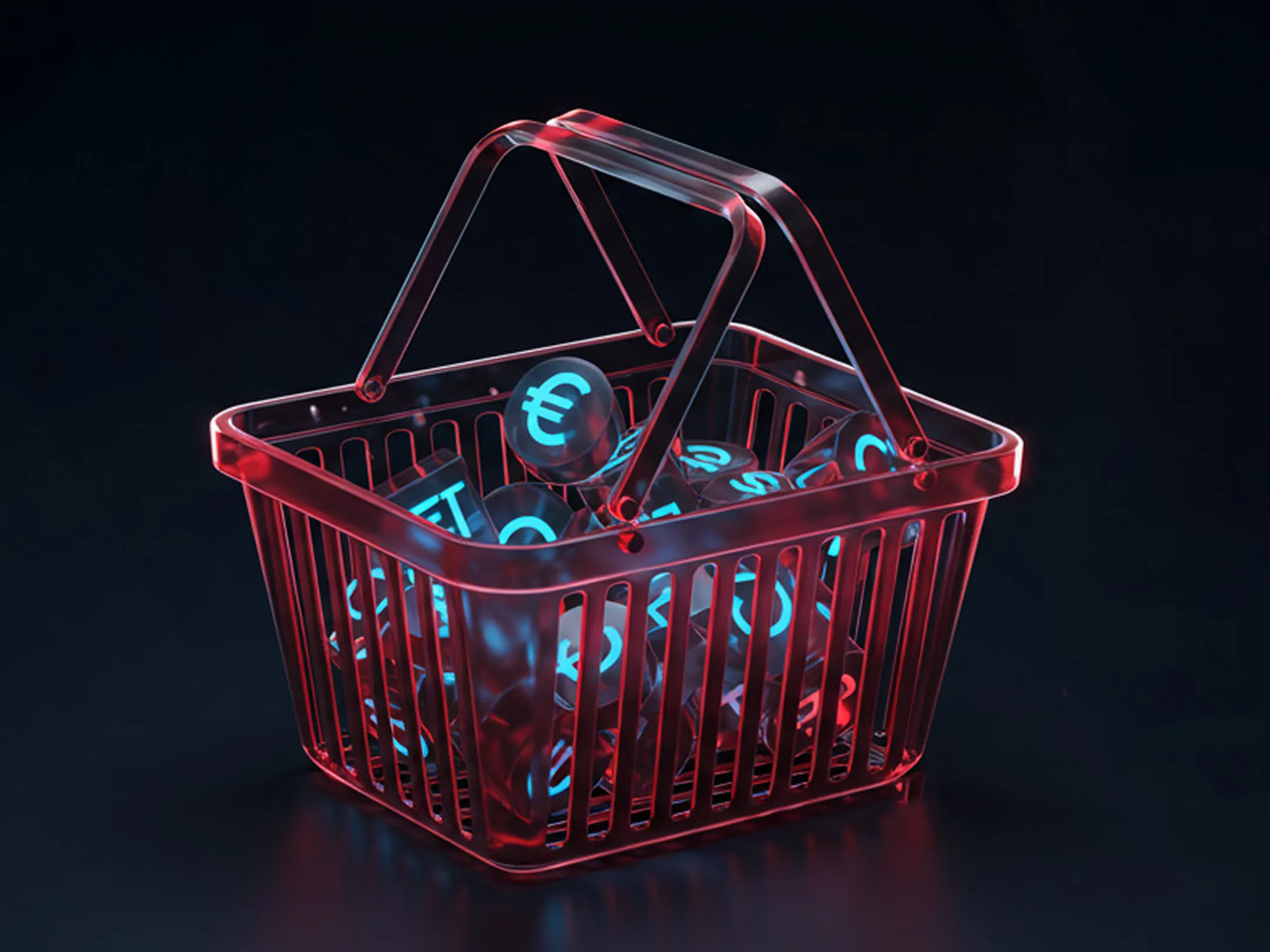 Glowing red shopping basket filled with blue currency symbols, representing ETF diversification and investment in multiple assets.