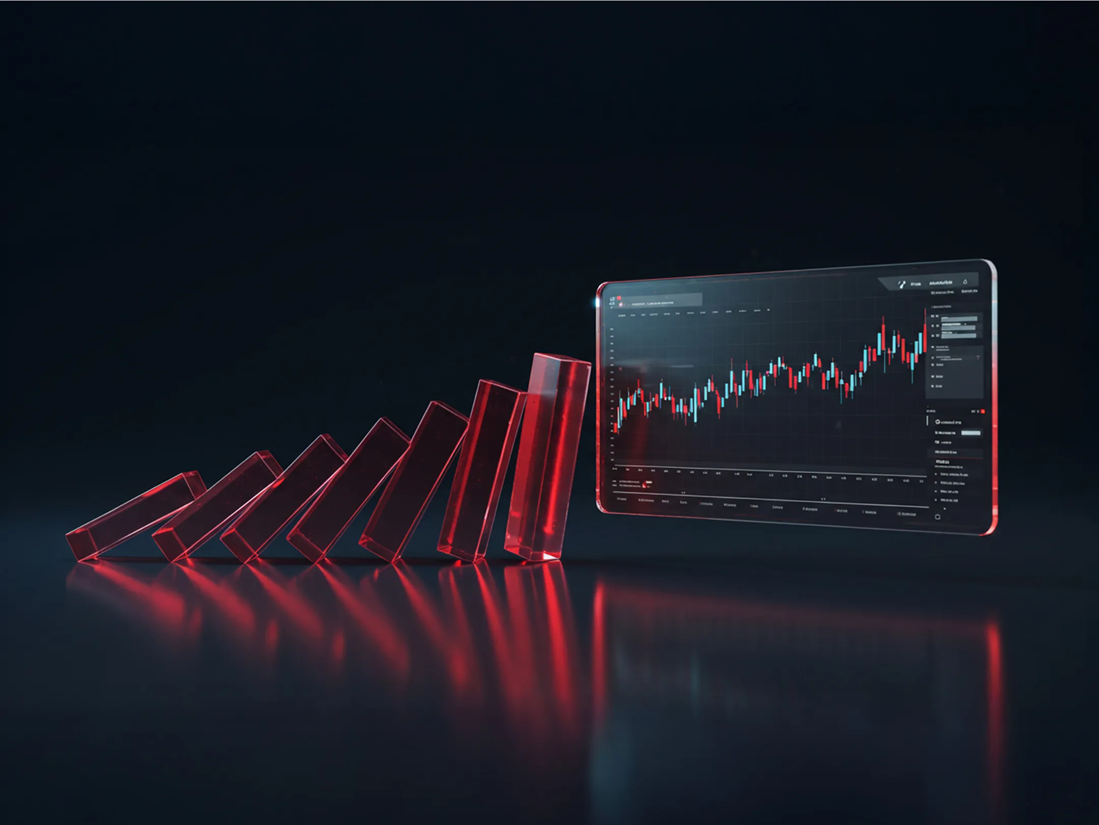Des dominos en verre qui tombent conduisant à un écran de trading avec un graphique, symbolisant les effets d'entraînement dans les décisions de copy trading.