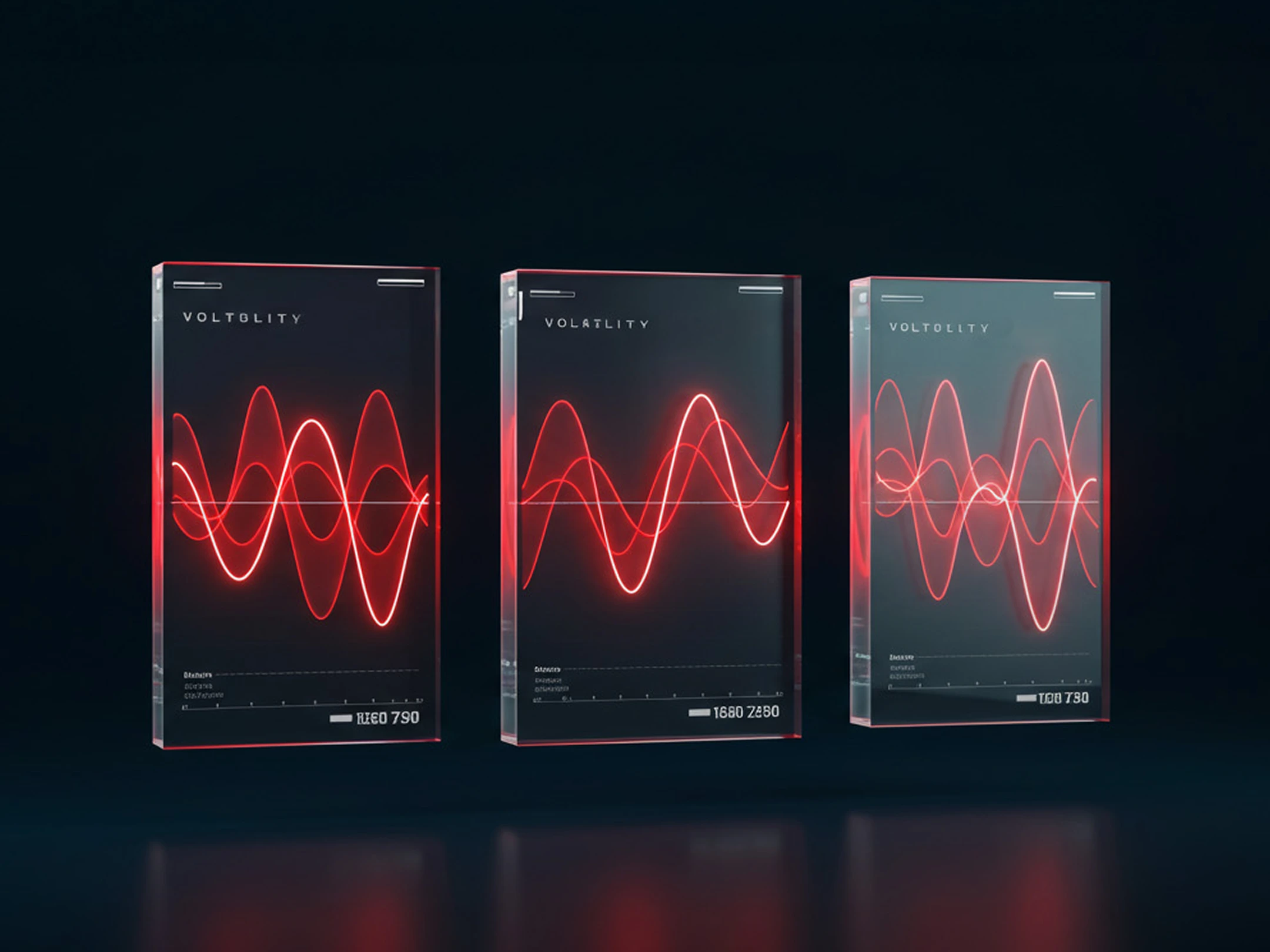 Tres paneles digitales mostrando formas de onda de volatilidad roja brillante, simbolizando fluctuaciones y movimientos en los mercados de trading.