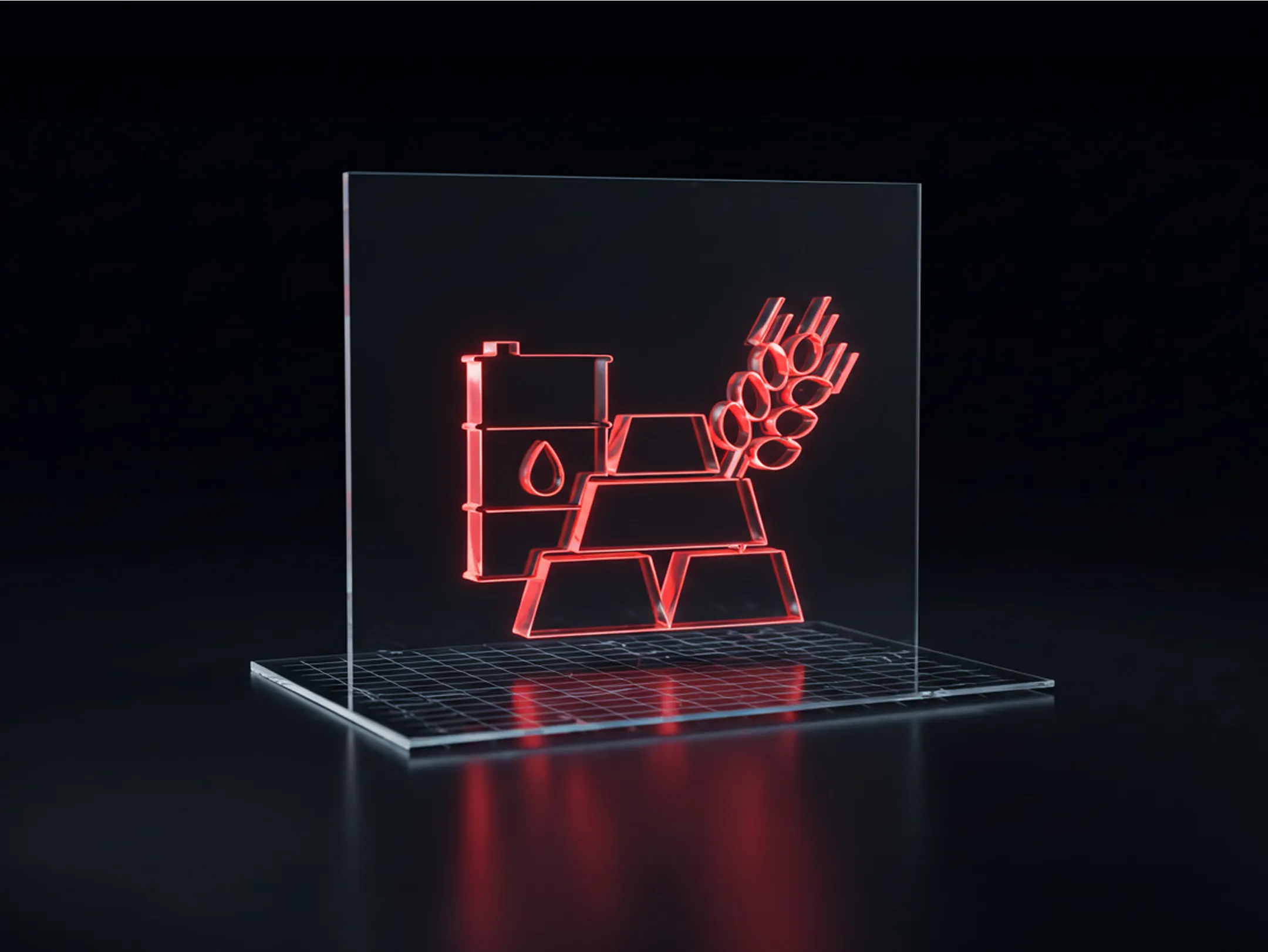 3D светящиеся иконки бочек с нефтью, слитков золота и пшеницы на прозрачной сетке, символизирующие ключевые активы в торговле сырьевыми товарами.