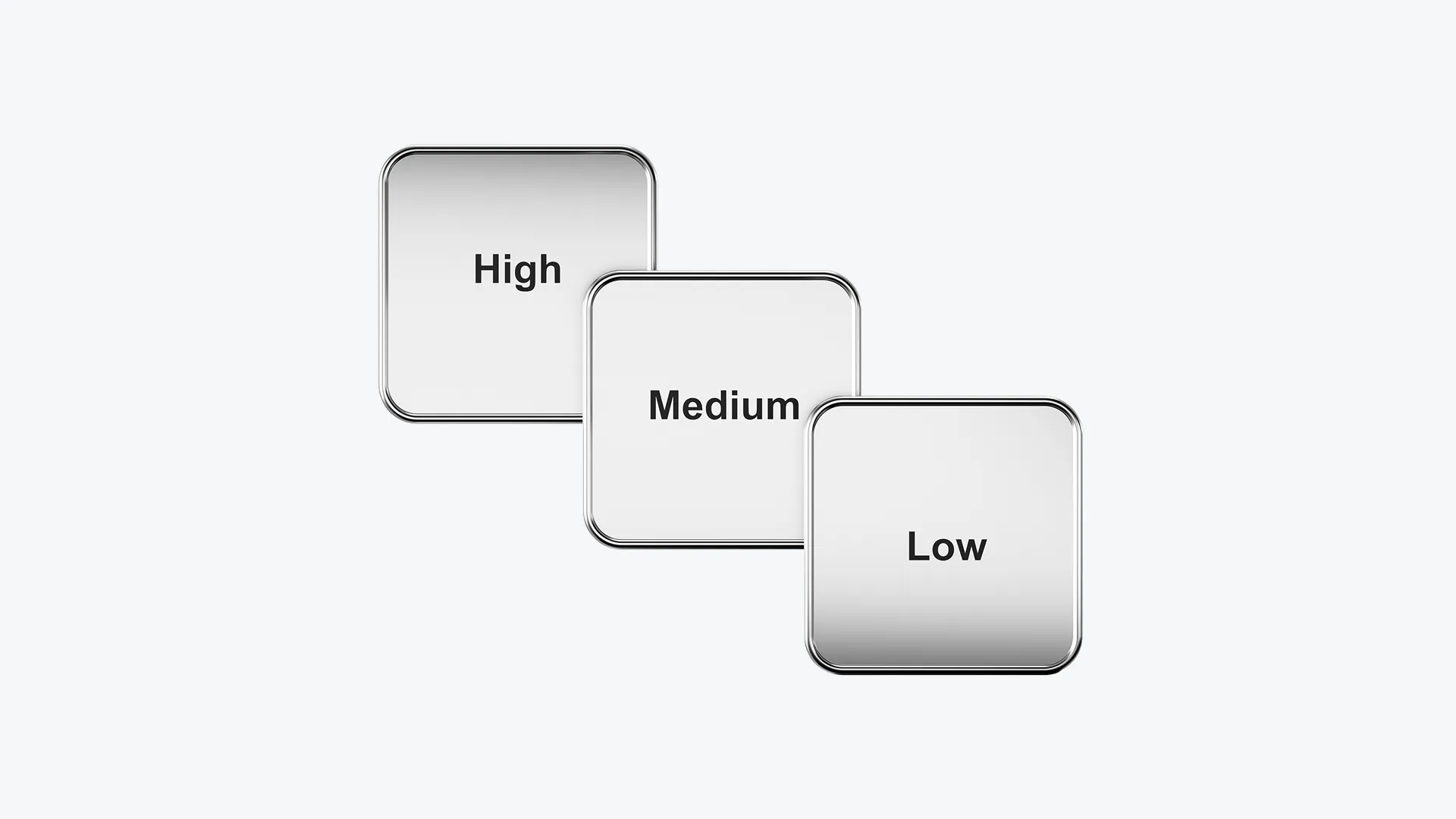 Três botões metálicos rotulados como Alto, Médio e Baixo, representando os níveis de volatilidade ao negociar o Índice de Alternância de Volatilidade (VSI)