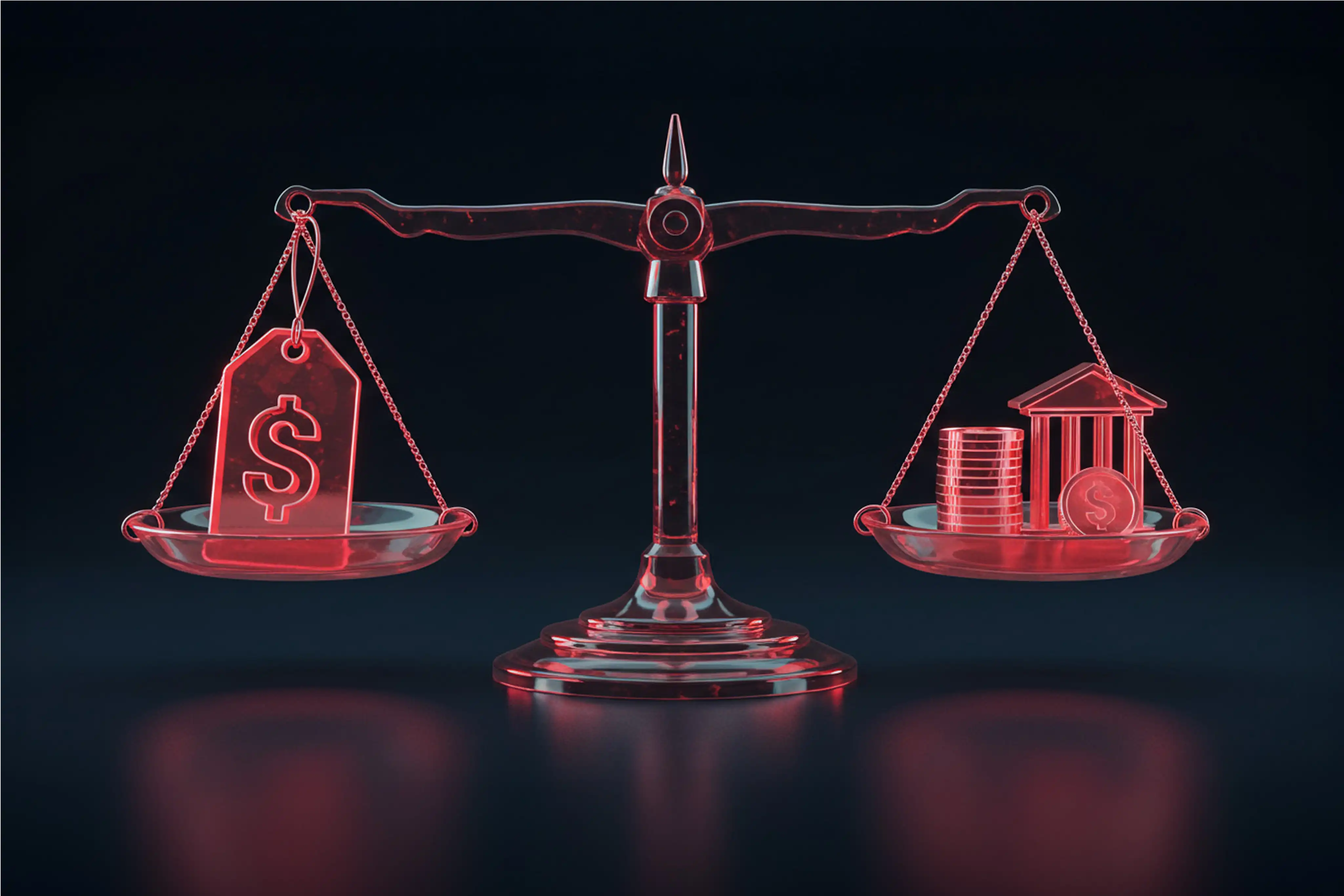 Balance comparant un symbole d’étiquette de prix avec des pièces et un bâtiment, représentant les indices pondérés par le prix contre ceux pondérés par la capitalisation boursière.