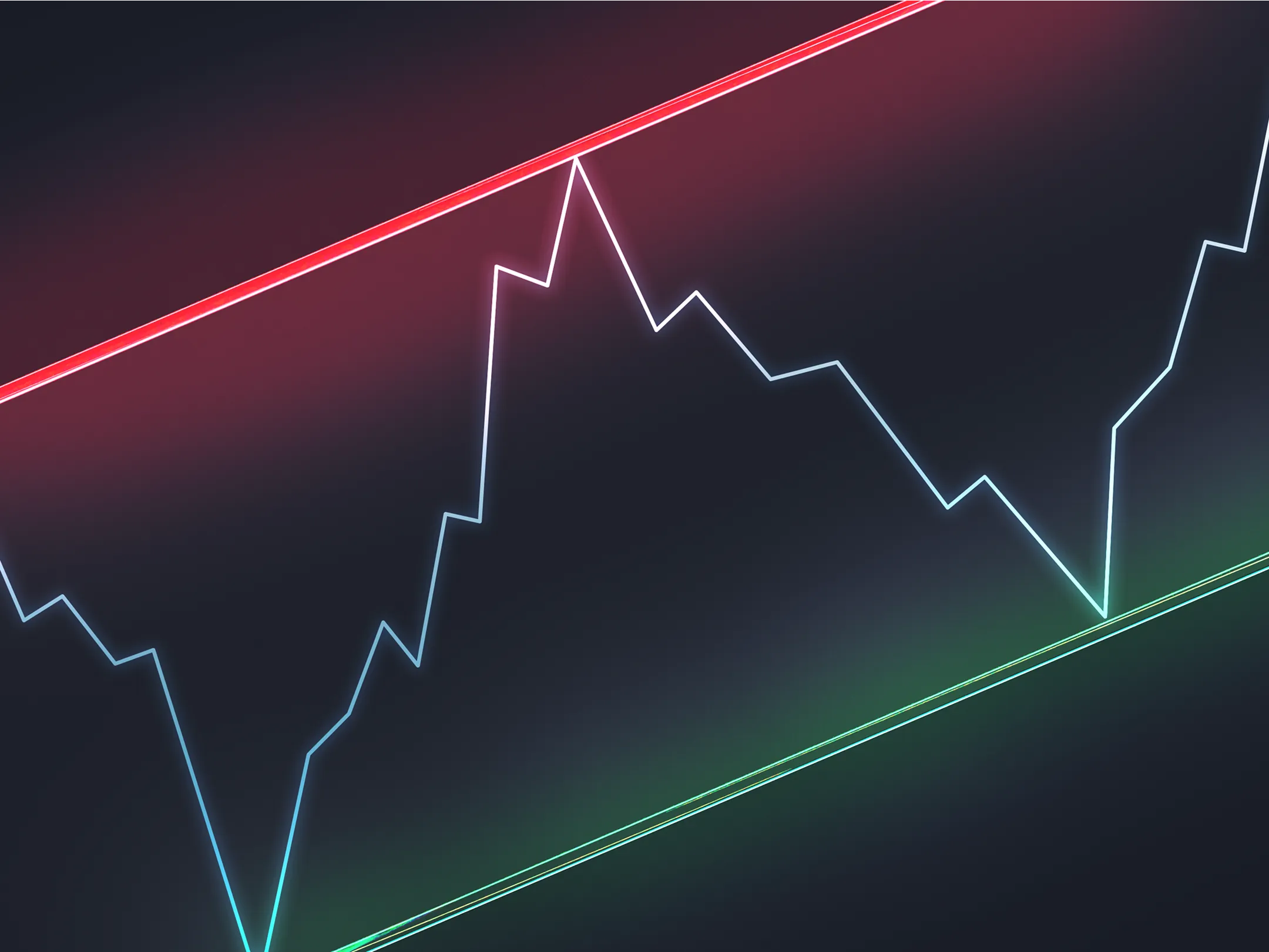 Chart with jagged price line bouncing between red resistance and green support lines, illustrating trading chart patterns.