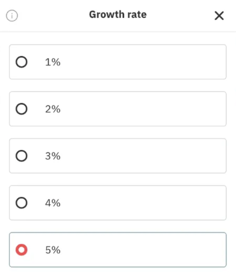 Menu de sélection du taux de croissance pour les options accumulateur, affichant cinq choix (de 1 % à 5 %), avec 5 % sélectionné.