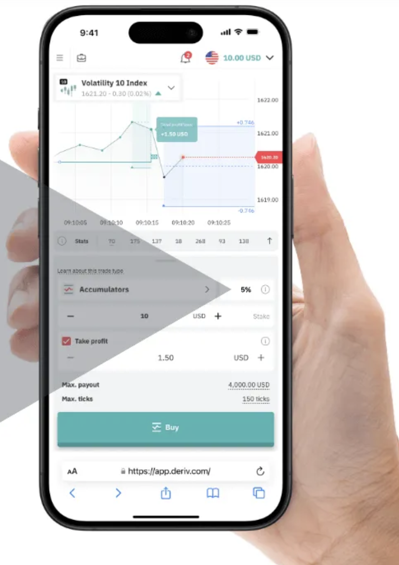 Main tenant un smartphone affichant l'application de trading Deriv avec une configuration d’option accumulateur, montrant un taux de croissance de 5 %.