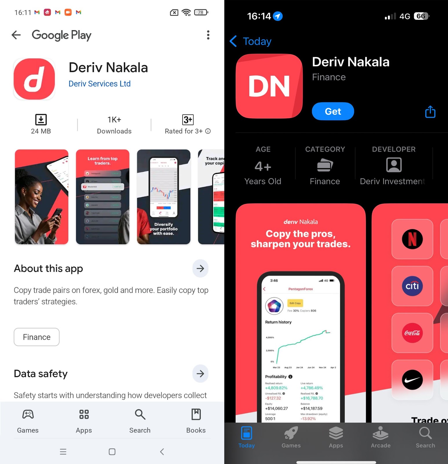 Liste de Deriv Nakala sur Google Play et App Store montrant les options de téléchargement, d’installation et de lancement pour iOS et Android.