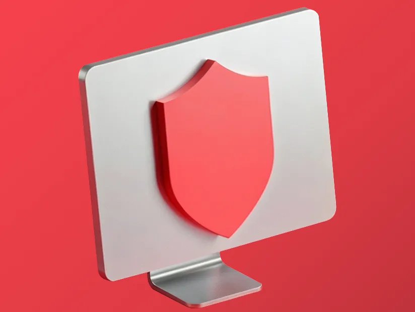 3D красный щит на металлическом мониторе на красном фоне, символизирующий безопасную торговую систему Deriv.