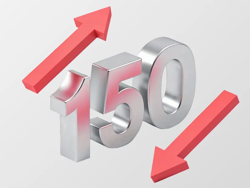 Серебристый 150 с красными стрелками вверх и вниз, символизирующими волатильность в новых индексах Crash 150 и Boom 150.