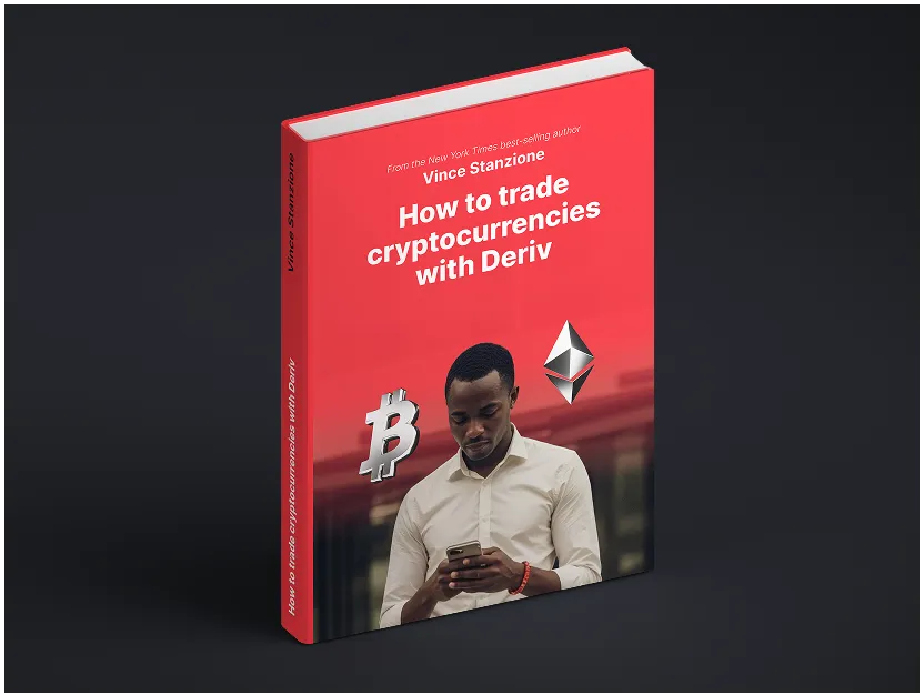 Cover of eBook "Introduction to Trading Financial Accumulator Options with Deriv" by Vince Stanzione, featuring an upward arrow.