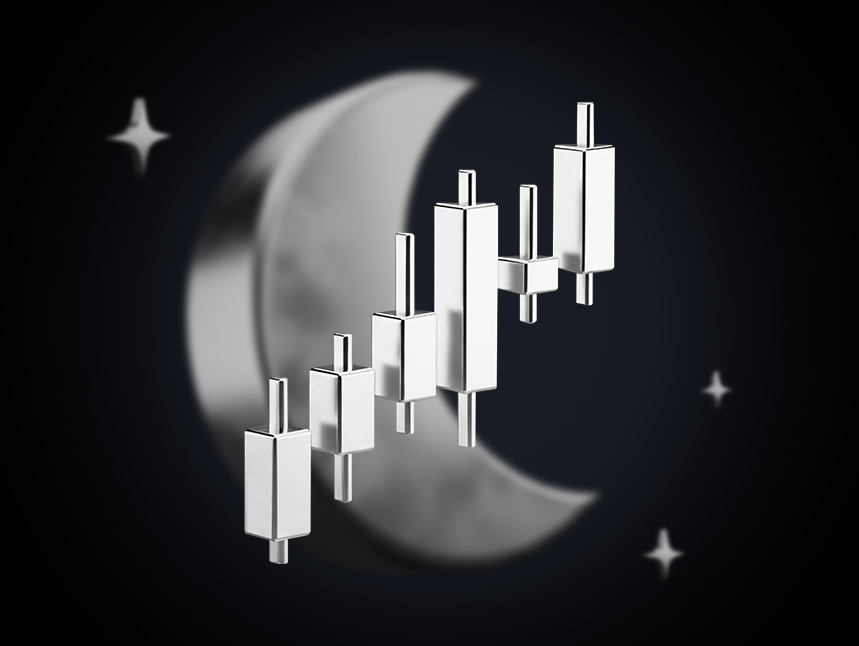 Barras de gráfico de velas à frente de um símbolo da lua representando negociação de ações after-hours.