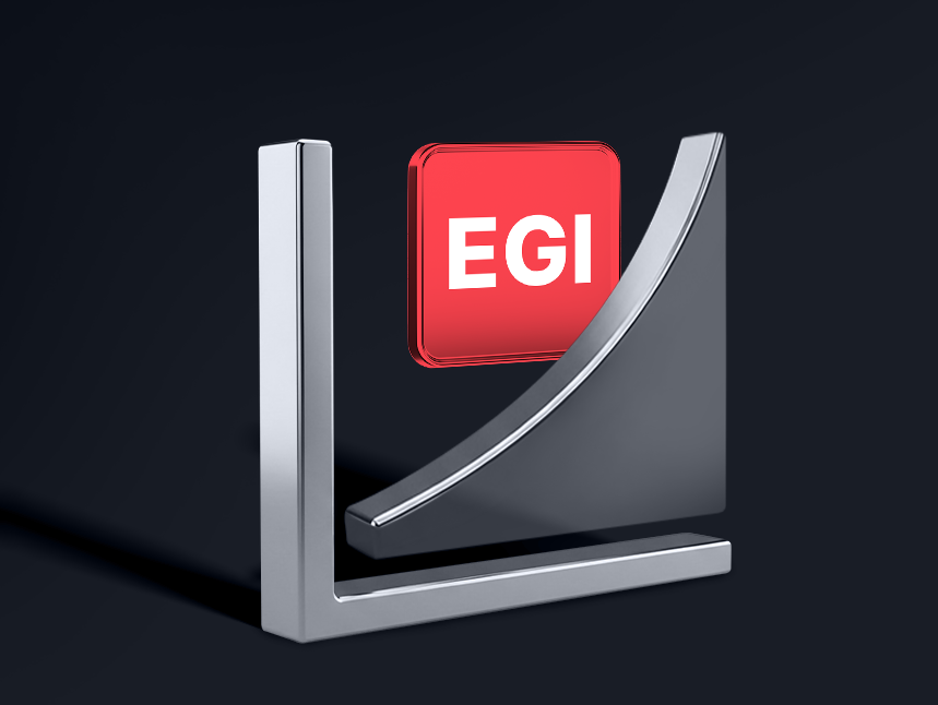 Gráfico 3D ascendente com bloco EGI vermelho, representando a negociação de Exponential Growth Indices.