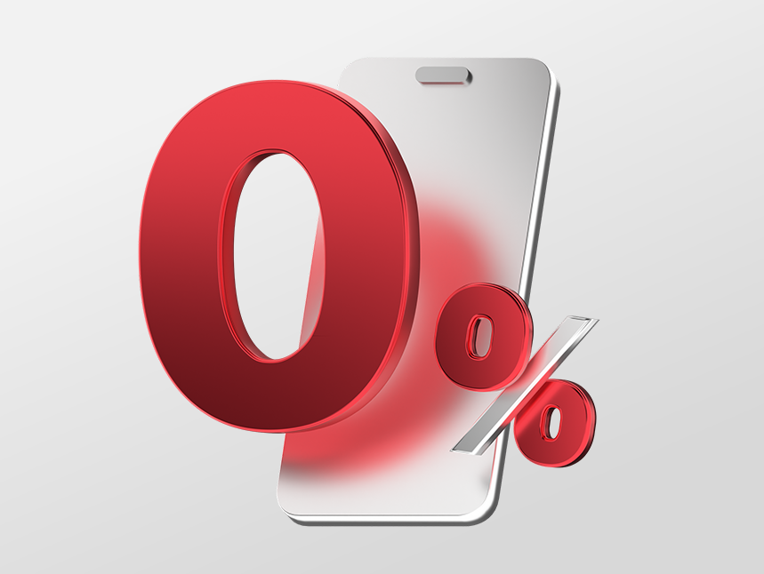3D red 0% symbol standing in front of a smartphone, representing zero fees or zero interest.
