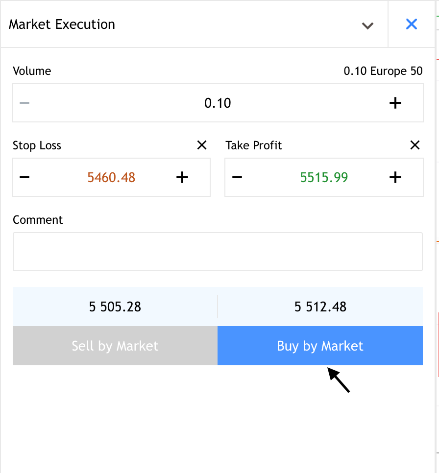 Deriv MT5 order window with spread visible.