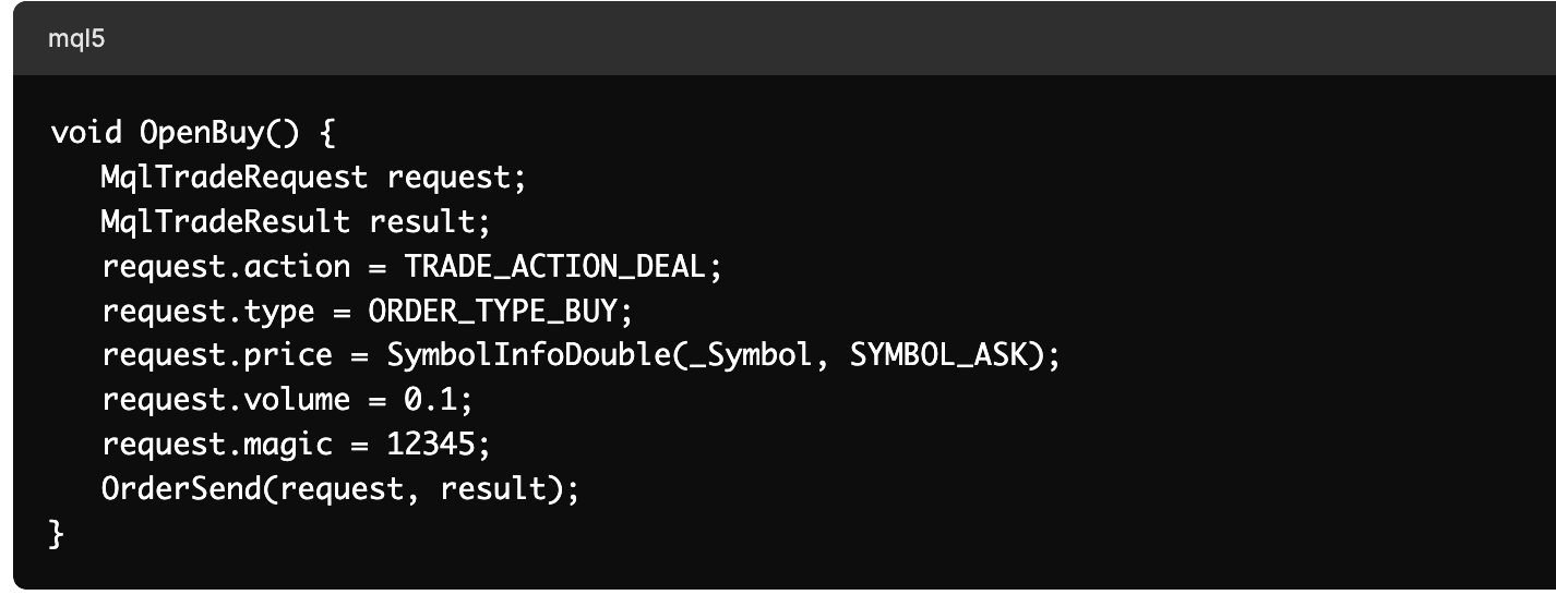 Ejemplo de código MQL5 para un EA que muestra cómo crear manualmente una orden de compra usando MqlTradeRequest y OrderSend().