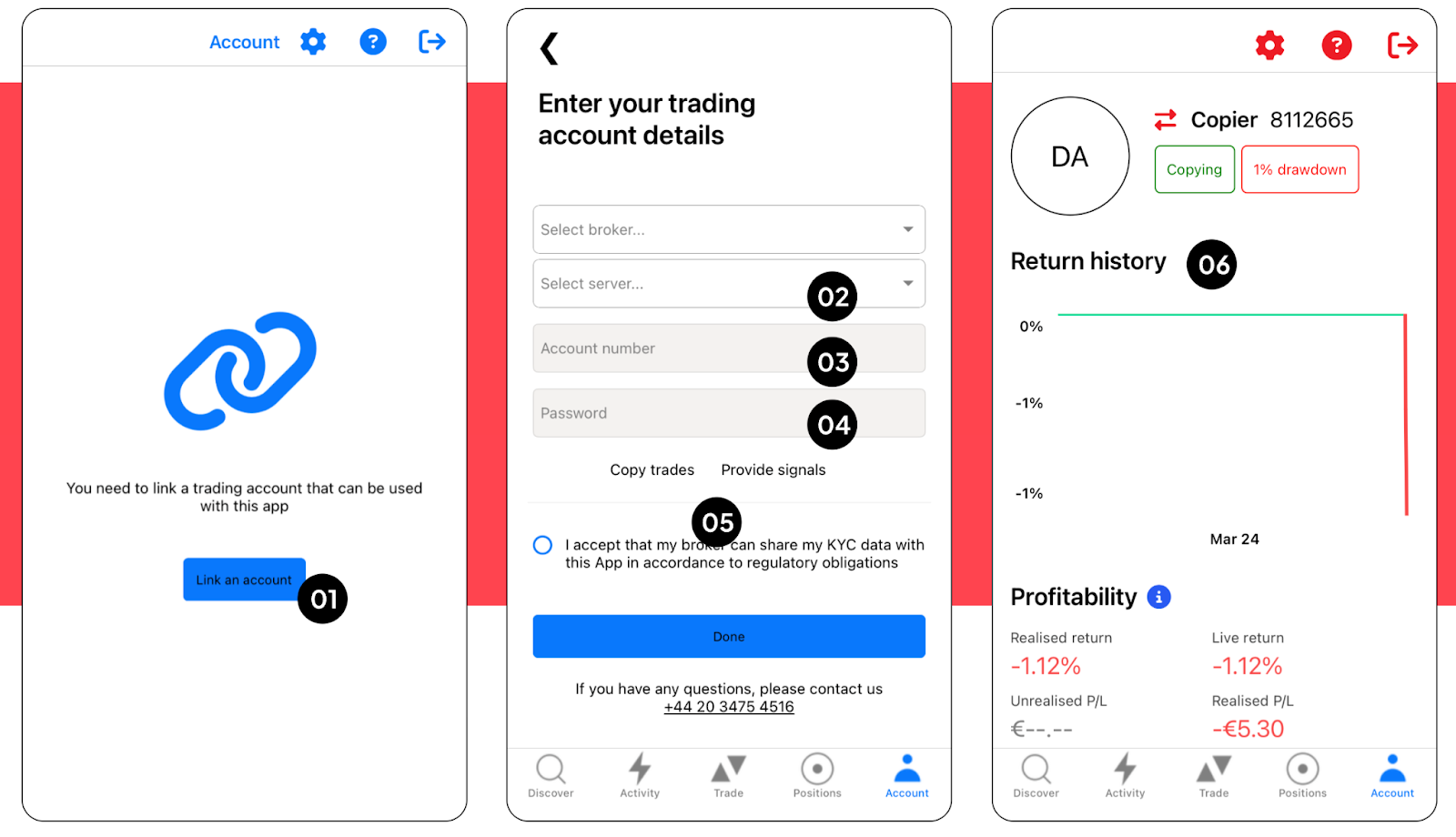 Étapes pour lier votre compte Deriv MT5 en entrant le courtier, le serveur, les détails du compte et en choisissant le rôle de copier ou fournisseur de signaux.