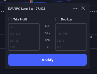 Configuración de operación abierta para EUR/JPY que muestra opciones para establecer niveles de Take Profit y Stop Loss, con un botón azul “Modificar” en la parte inferior.