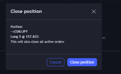 Ventana de confirmación para cerrar una posición larga de 5 EUR/JPY a 157.823, con opciones para cancelar o proceder haciendo clic en "Cerrar posición."