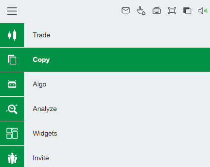 Menu du tableau de bord Deriv cTrader avec l’onglet Copy mis en évidence