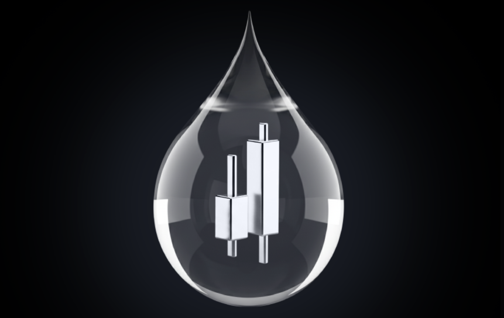 Une forme en verre transparente en forme de goutte contenant deux barres argentées représentant un graphique en chandeliers, sur fond sombre.