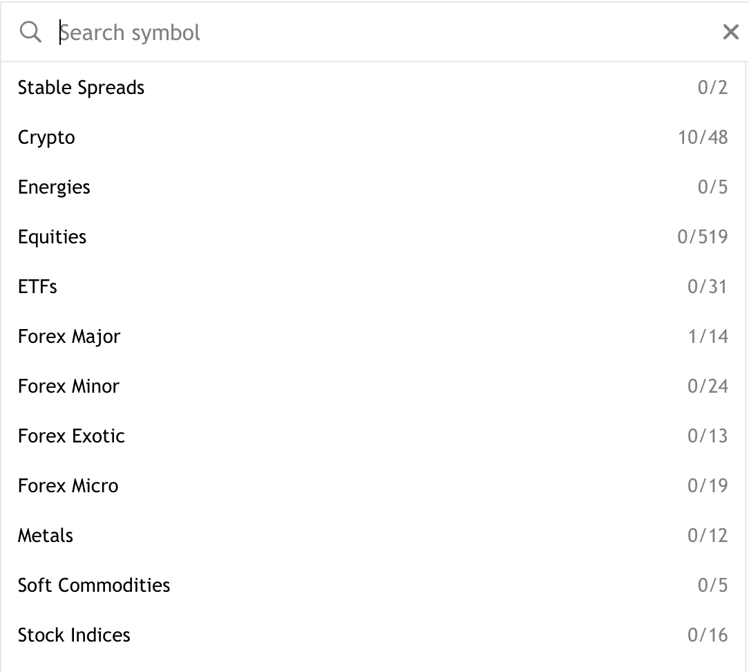 Capture d’écran d’une liste de marchés d’une plateforme de trading affichant les catégories d’actifs et le nombre de symboles.