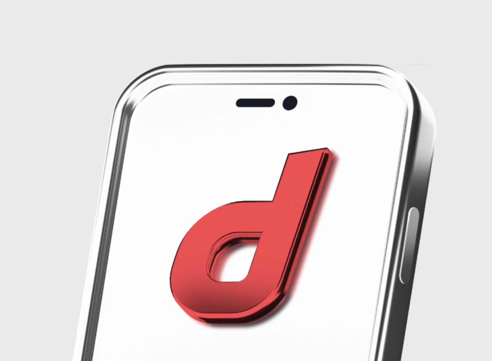 A smartphone displaying a large red lowercase ‘d’ logo on its screen, shown in a close-up view against a light grey background.