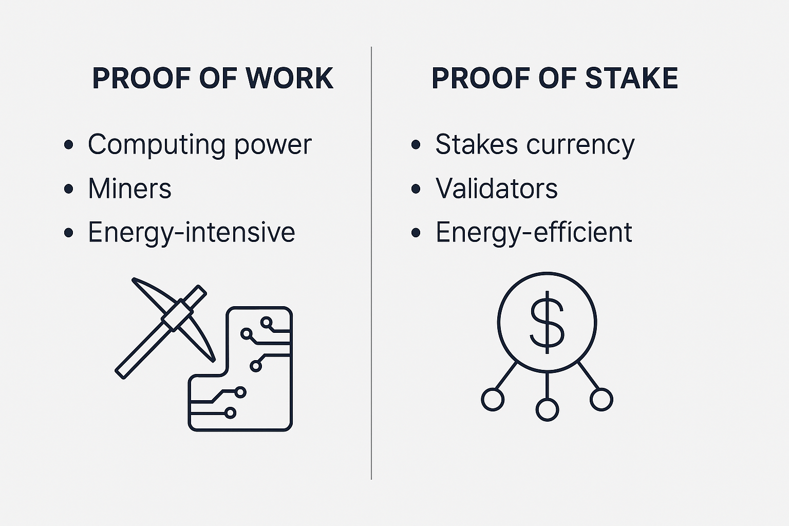Chart comparing Proof of Work and Proof of Stake validation mechanisms in blockchain.