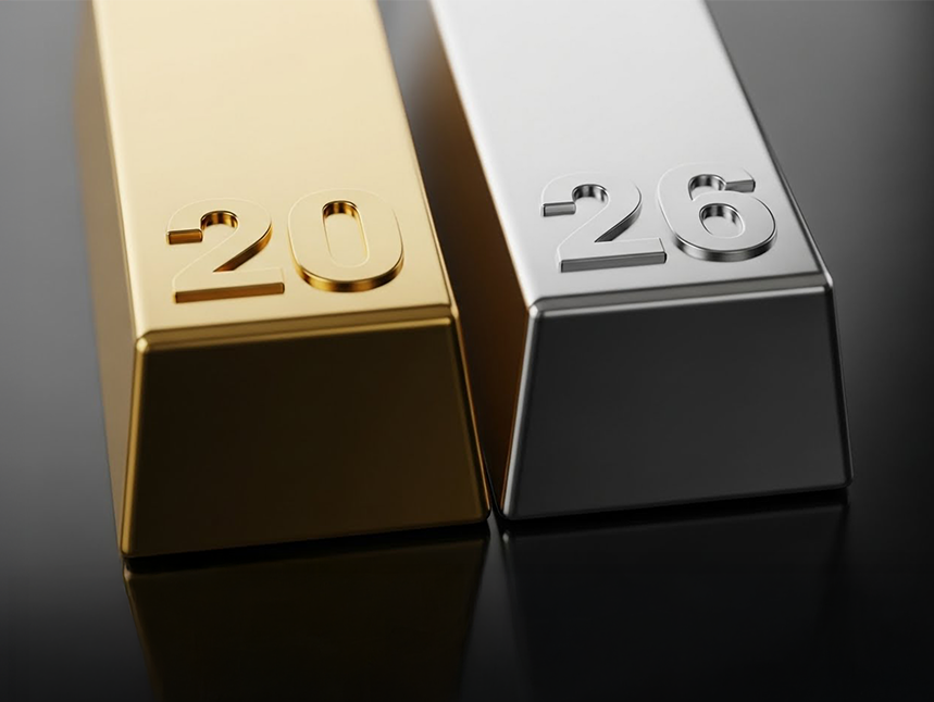 Gold and silver metal bars side by side, stamped “20” and “26”, symbolising the transition to 2026.