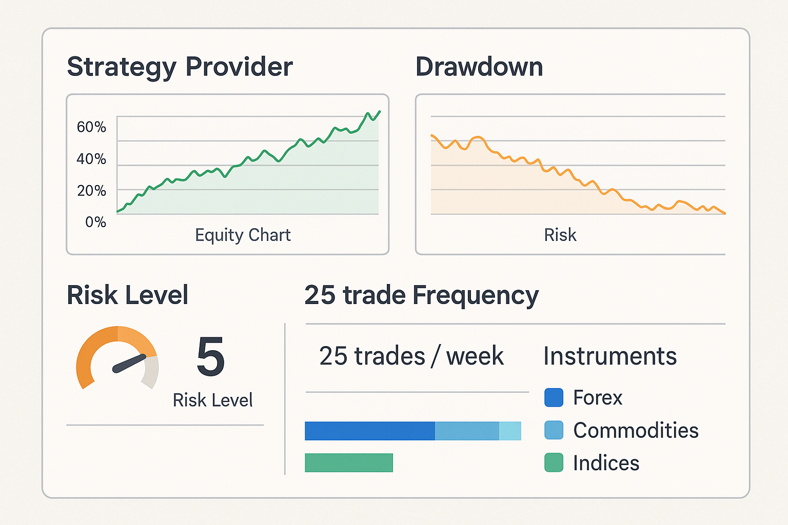 A performance dashboard showing returns, drawdowns, risk level, and trading activity for a strategy provider